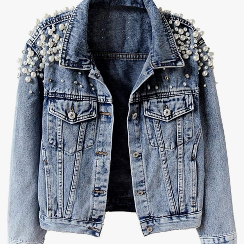 Kedera Women's Embroidered Rivet Pearl Short Denim Jacket Coat